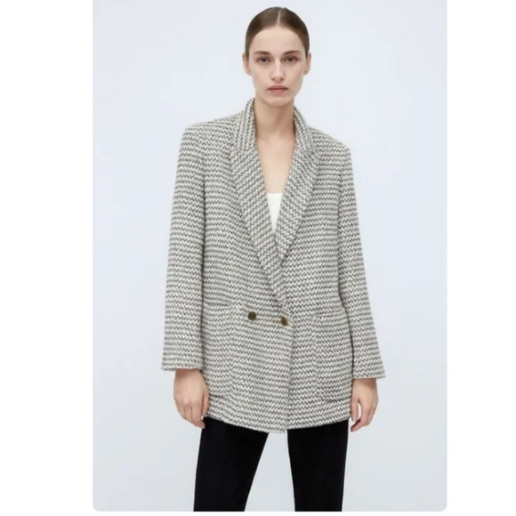 Zara Textured Double Breasted Peaked Lapel Tweed Blazer Jacket Size Medium - Picture 1 of 10